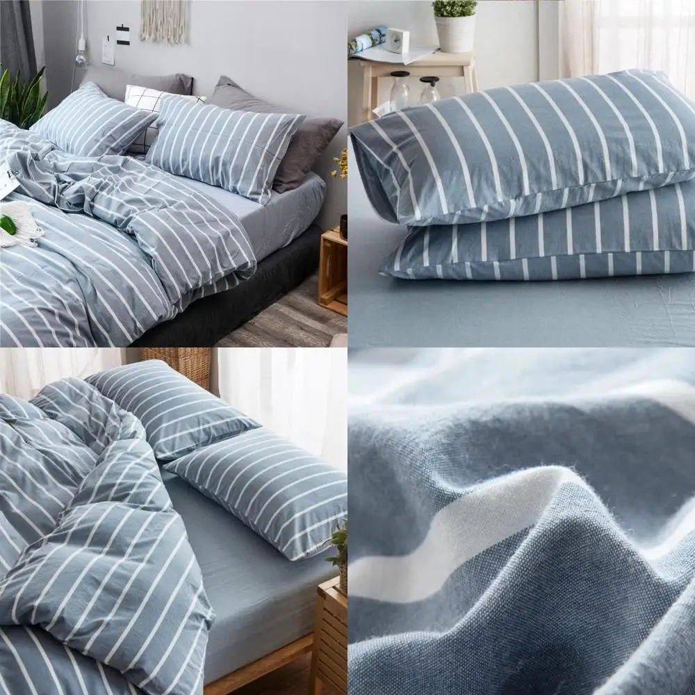 

Голубой комплект пододеяльников в двойную полоску из 100% хлопка — детское постельное белье в стиле льна, прочный и дышащий (2 предмета)