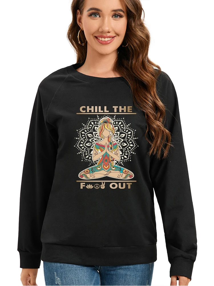 Seeyoushy CHILL THE FUOY OUT Meditation Lotus Print Fun Printed Ladies Top Street 2023 Clothing Y2K Aesthetics Women's Hoodie