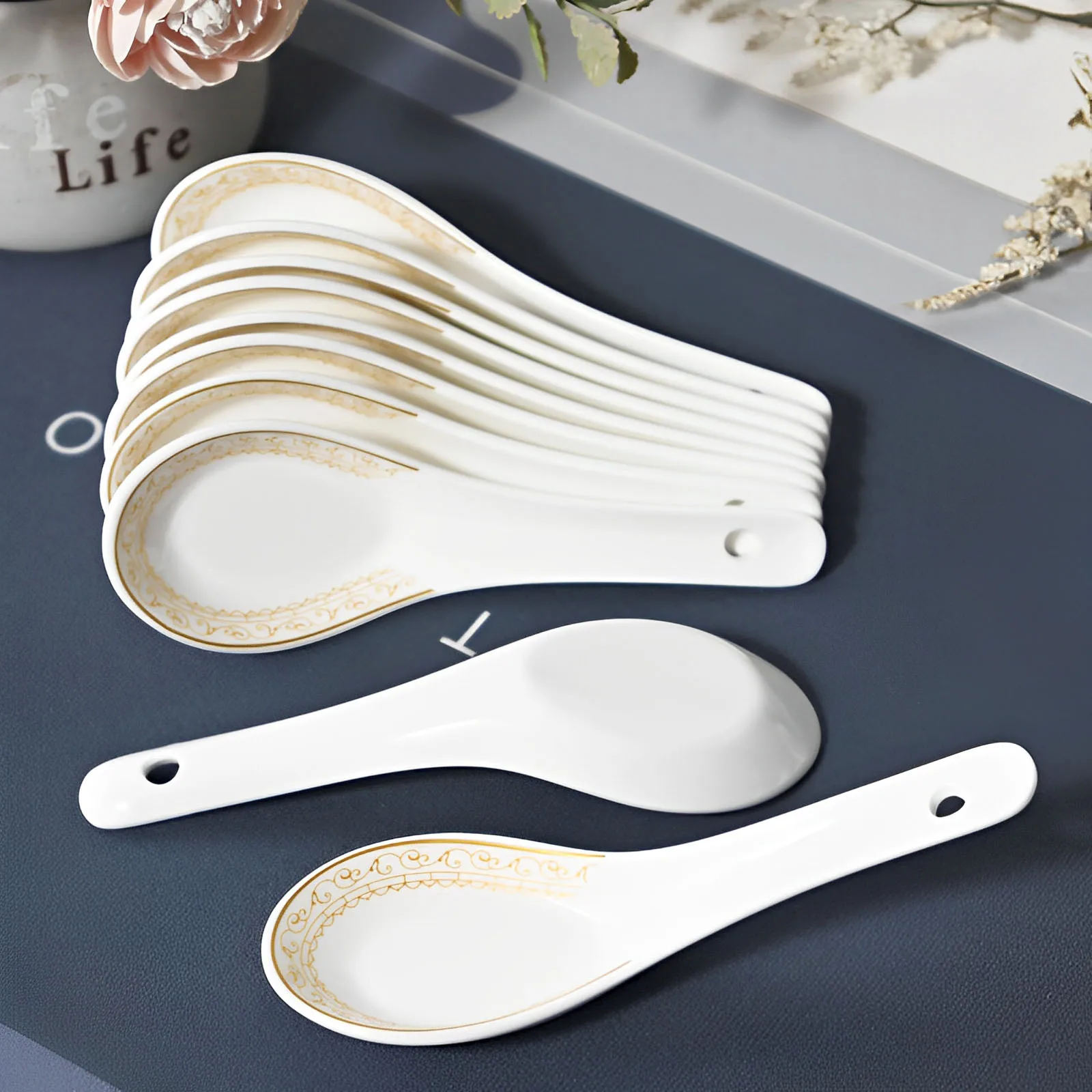 

10 Pack Small Ceramic Spoons, Chinese Style Tableware, Kitchen Soup Rice Spoons Heat Resistant Microwave Safe Dinner Cutlery