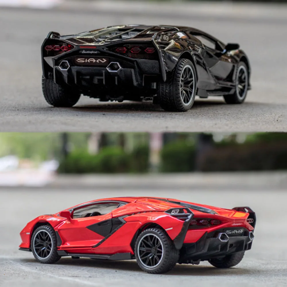 1:32 Lambo SIAN Model samochodu Alloy Diecasts Zabawka Miniaturowe pojazdy Dźwięk Światło Pociągnij tylne drzwi Otwarte zabawki Prezenty urodzinowe dla dzieci