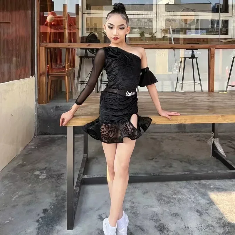 Children\'S Latin Dance Dress Professional Dance Training Costumes Girls Black Tops Skirts Suit Rumba Dance Wear fringe dress