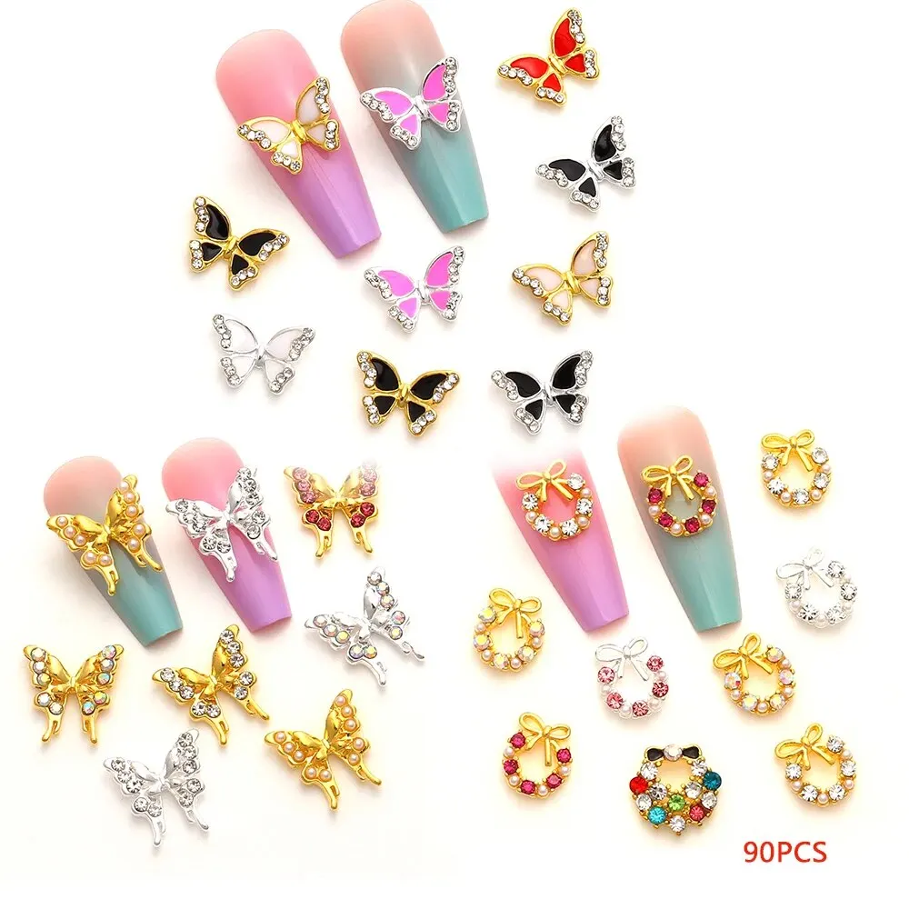 90 Pcs/Set 3D Luxury Butterfly Shape Metal Nail Art Decorations Jewelry Shiny Rhinestones Pearl Gems Charm DIY Nail Accessories