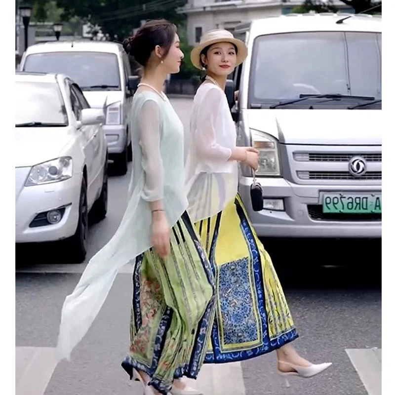 

Улучшенная женская желтая юбка Hanfu для взрослых, комплект летней моды, традиционная китайская повседневная одежда, элитный бренд Single-Ting