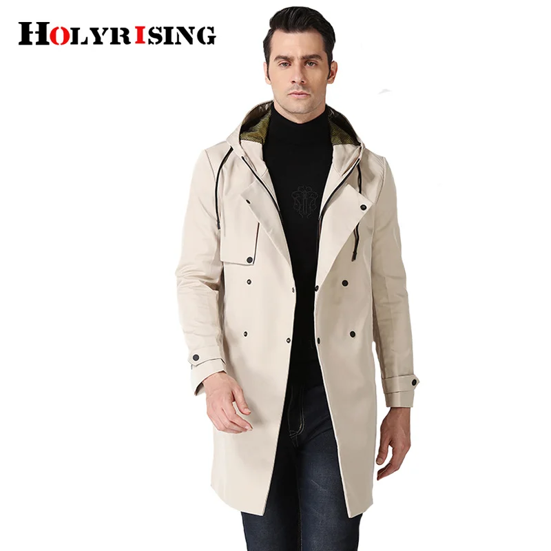 Holyrising Men Trench Coat Turn Collar Masculino Luxury Long Trenchcoat Loose Zipper Hooded Windbreaker M-3XL 18785-5