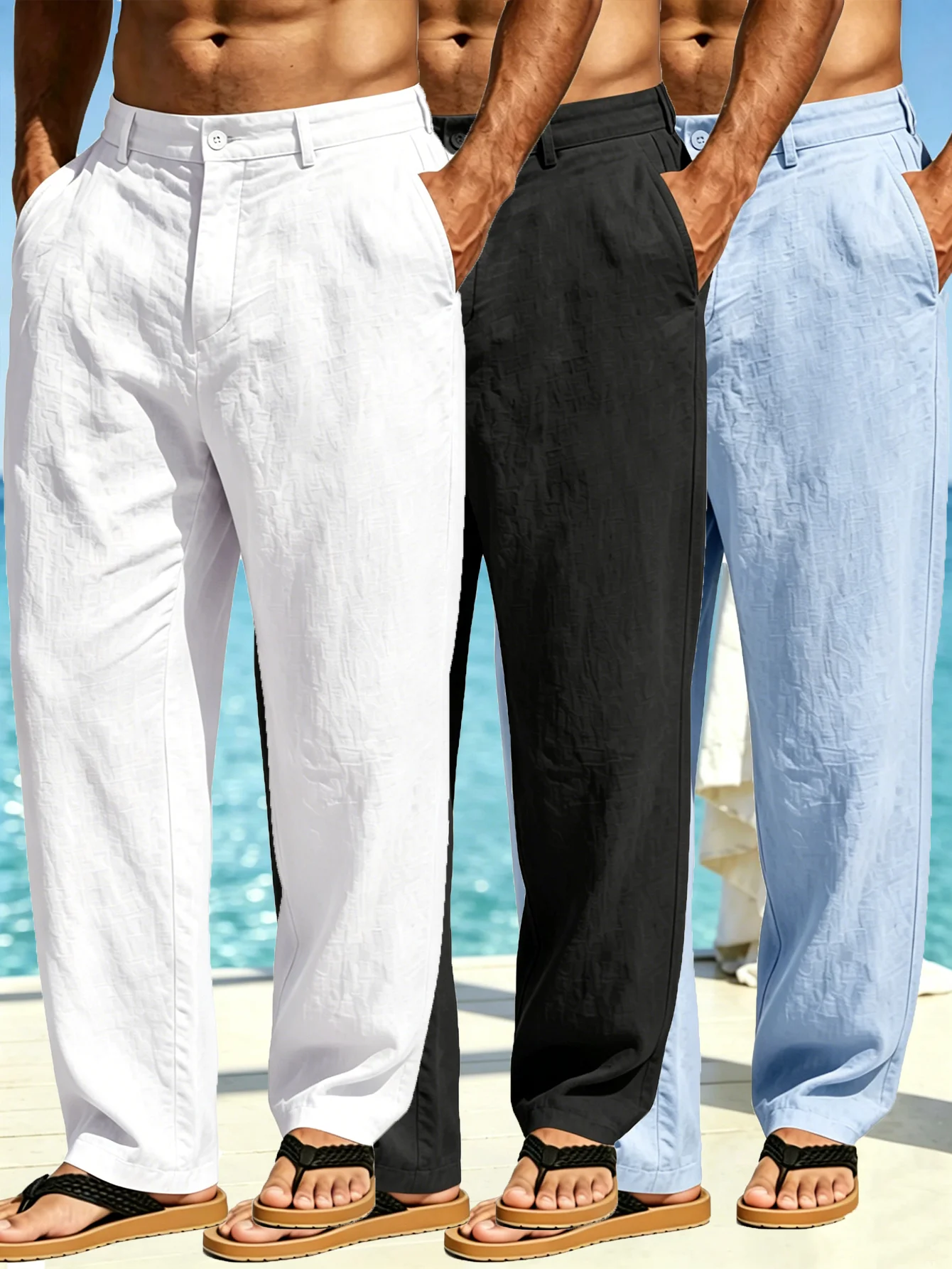 3-Pack of Men's Linen Casual Trousers, Italian Minimalist Style, for Business & Travel, Lightweight, Draping, High-Waisted &