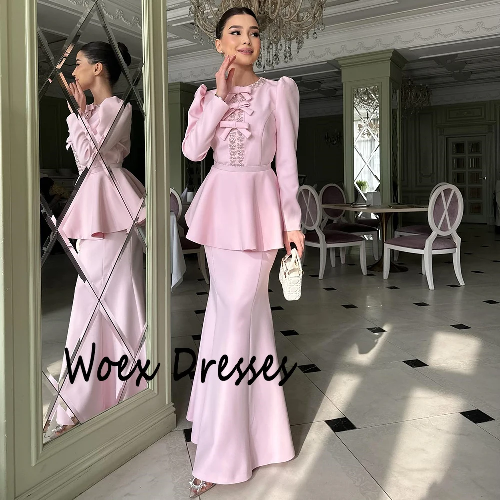 Aangepaste roze jersey met strik jersey avondjurk kristal volledige mouwen trompet galajurk eenvoudige enkellange feestjurken