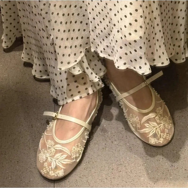 Mesh Embroidery String Bead Design Women Ballet Flats Fashion Buckle Breathable Mary Jane Shoe Comfort Low Heel Soft Flat Sandal