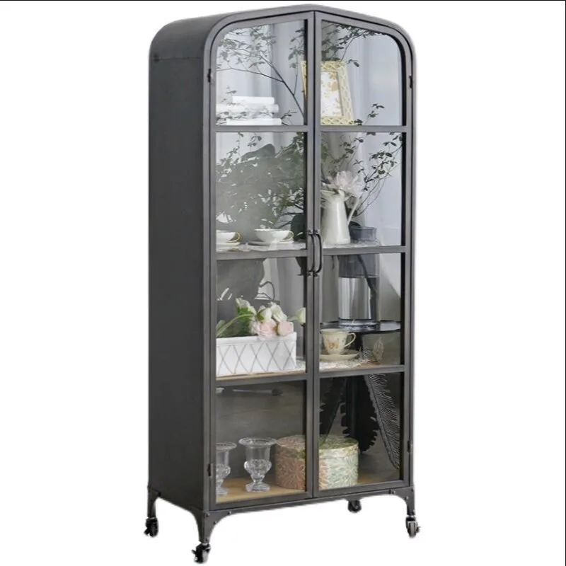 Simple black wrought iron glass wine cabinet, living room study, bookcase opposite door, storage display cabinet, storage high