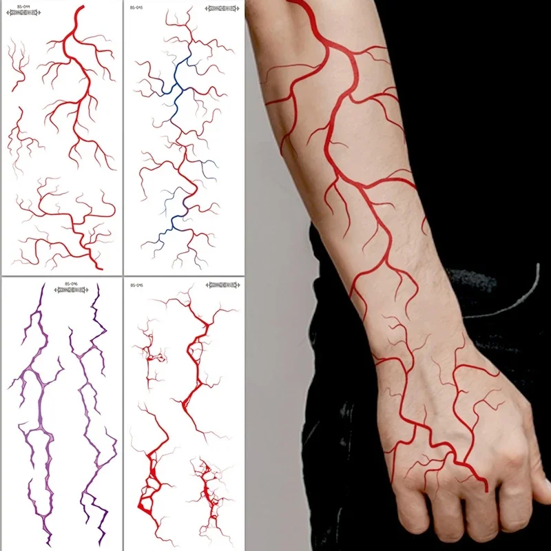 Sheets Large Halloween Black Lightning Temporary Tattoo Sticker for Halloween makeup – Realistic Vein Design Face Tattoo Body
