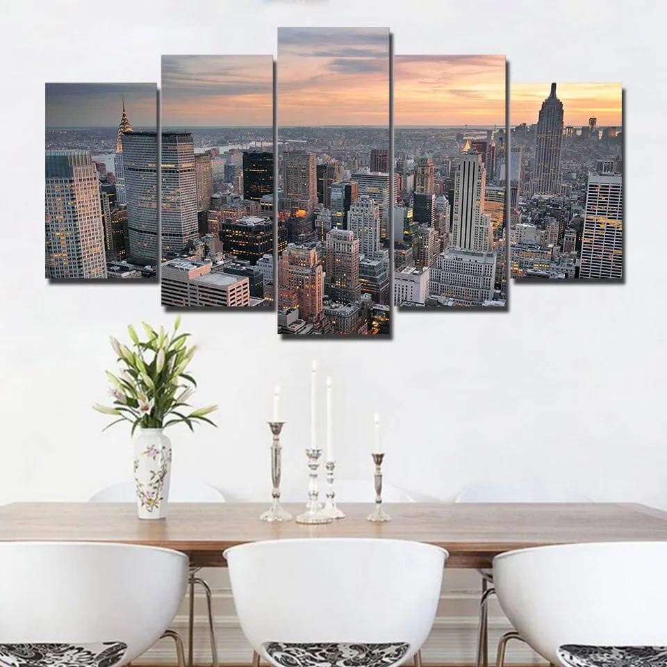 No Framed Canvas 5 Pieces New York City Skyscraper Building HD Wall Art Posters Pictures for Living Room Home Decor Paintings