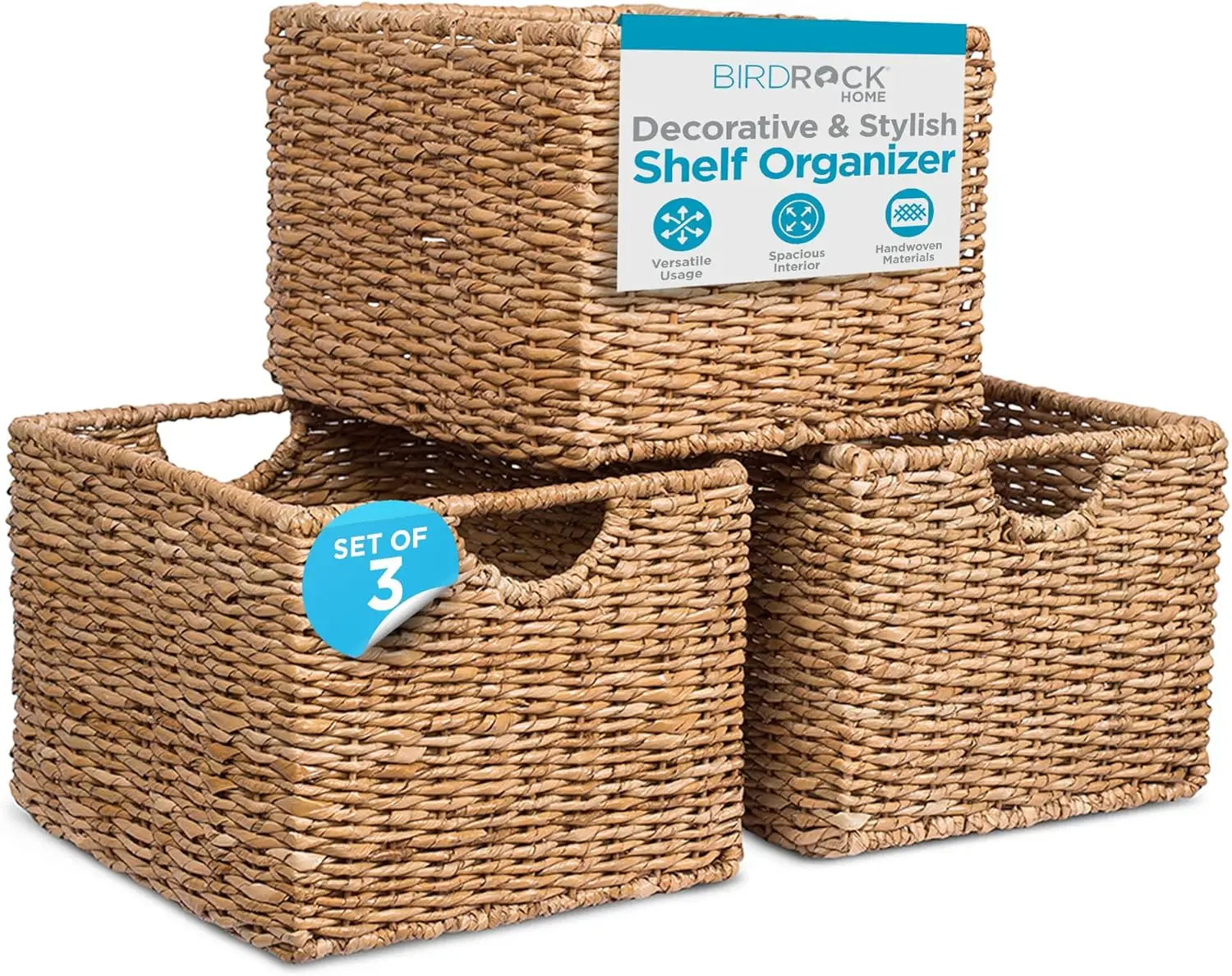 Storage Shelf Organizer Baskets with Handles - Handwoven Abaca Seagrass Wicker Basket for Pantry, Living Room - Set of 3