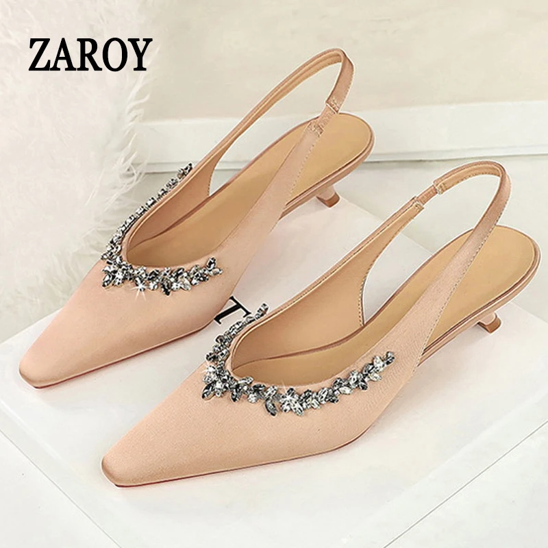 

ZAROY Elegant Satin Wedding Shoes Sexy Rhinestone Satin Point Toe Low Heel Slingback Women Shoes Party Pumps Sandalias Zapatos