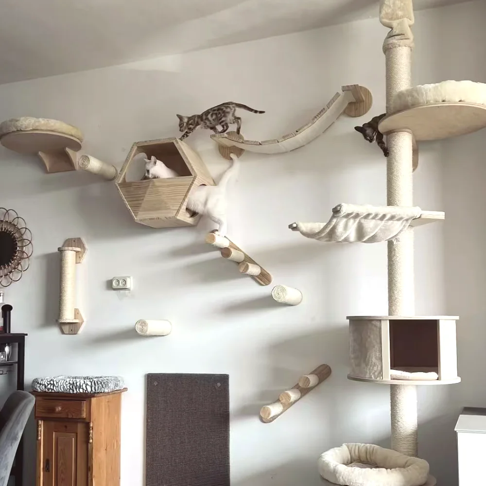 

Cat Climbing Shelves Wall Mounted Cat Tree Tower Hammock Scratcher Sisal Stairs Pedal Indoor Cats Walk Wooden Pet Furniture