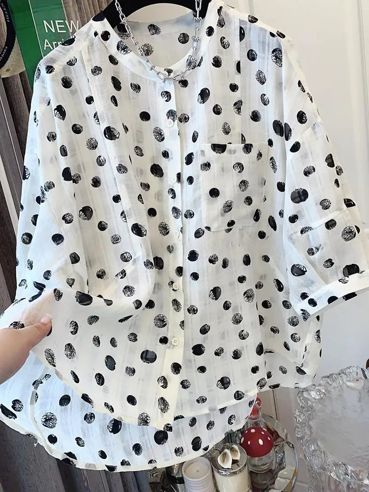 SuperAen 2024 Summer New Light Ripe Polka Dot Short Sleeved Shirt Age Reducing Doll Shirt Chic Loose Shirt