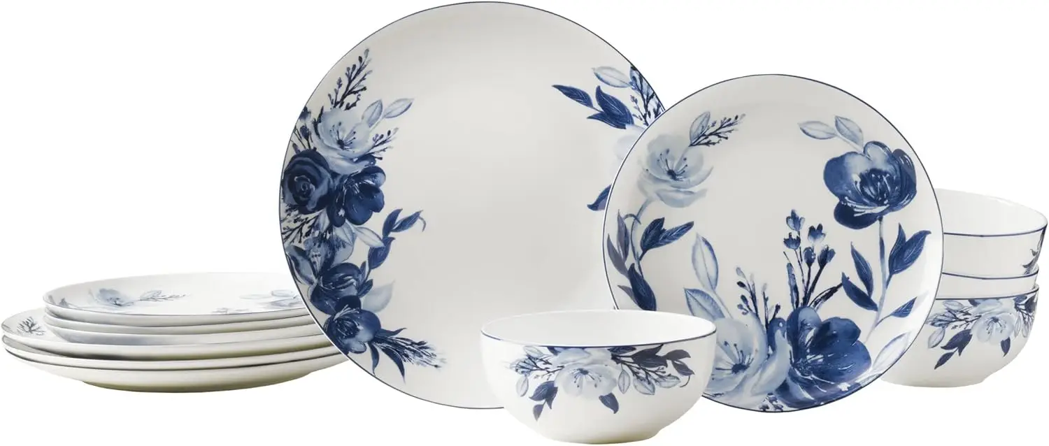 Mikasa Darcy Chip Resistant 12 Piece Dinnerware Set, Service for 4,Blue and White