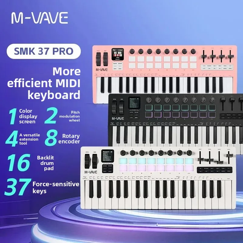 M-VAVE SMK-37 PRO 37 Key MIDI Controller Keyboard, Built-in Sound Source, 16 RGB Drum Pads, Wireless & Multi-System Support
