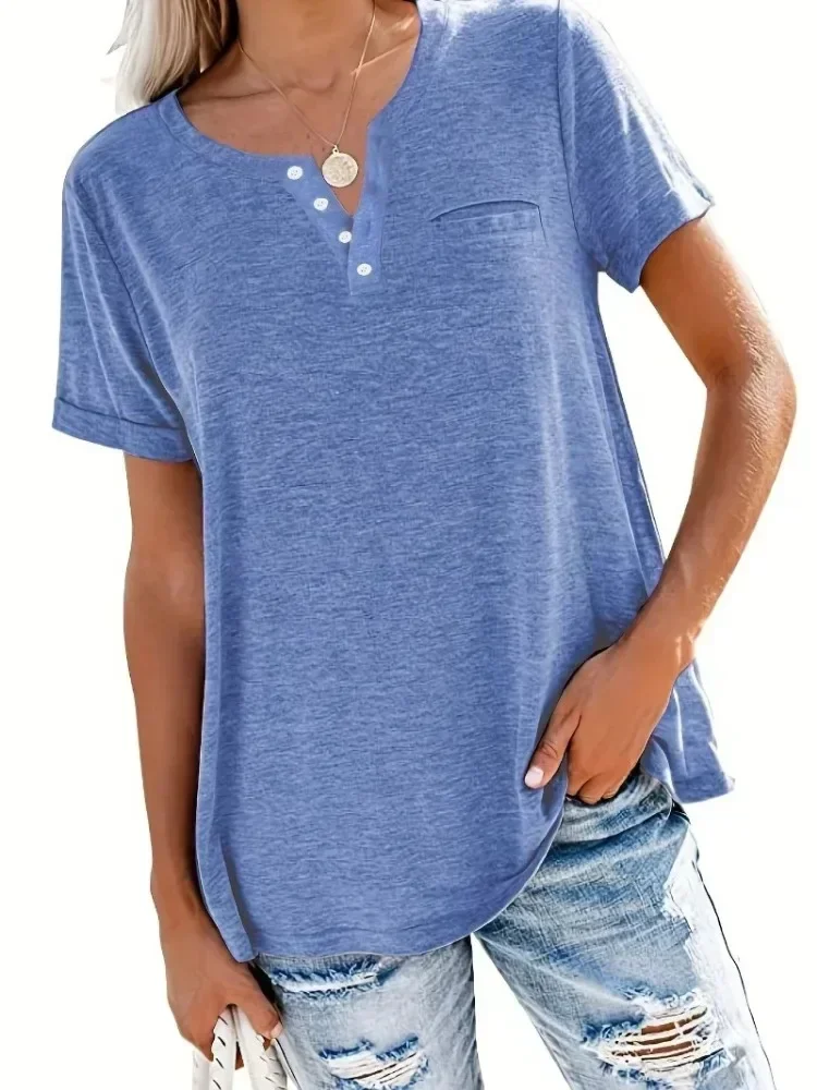 حجم كبير 1XL-8XL المرأة أزياء الصيف نمط جديد فضفاض قمم السيدات عارضة الخامس الرقبة قصيرة الأكمام جيب تي شيرت