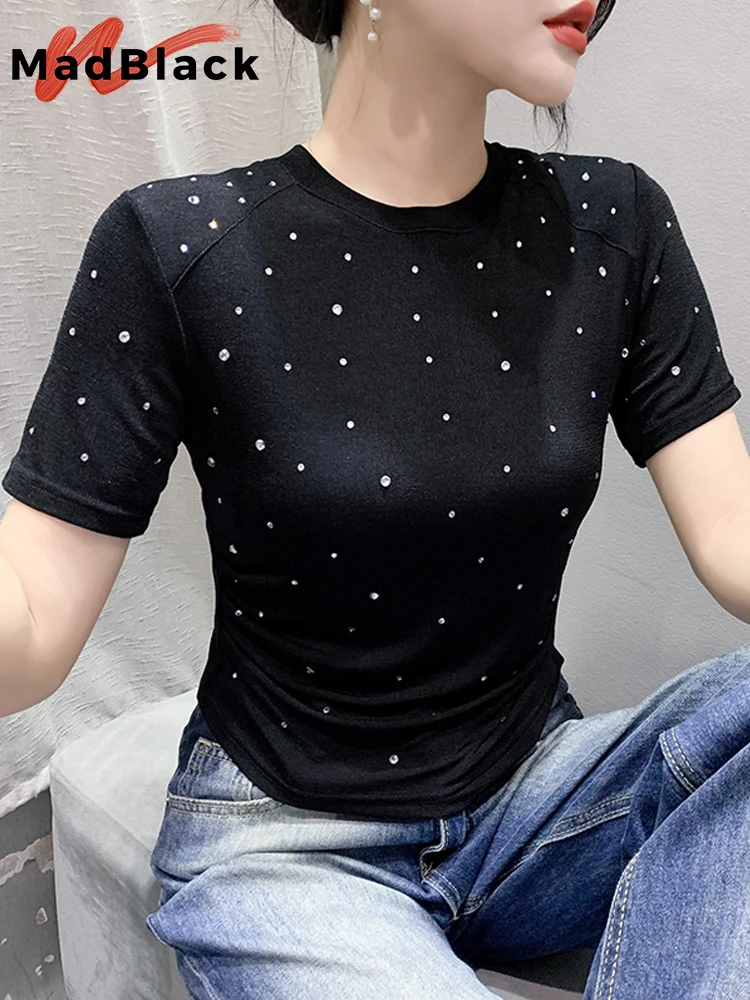 MadBlack Summer European Clothes Tshirt Women's Sexy O Necks Hot Drill Slim Tops Short Sleeve Basic Tees New 2023 T34447C