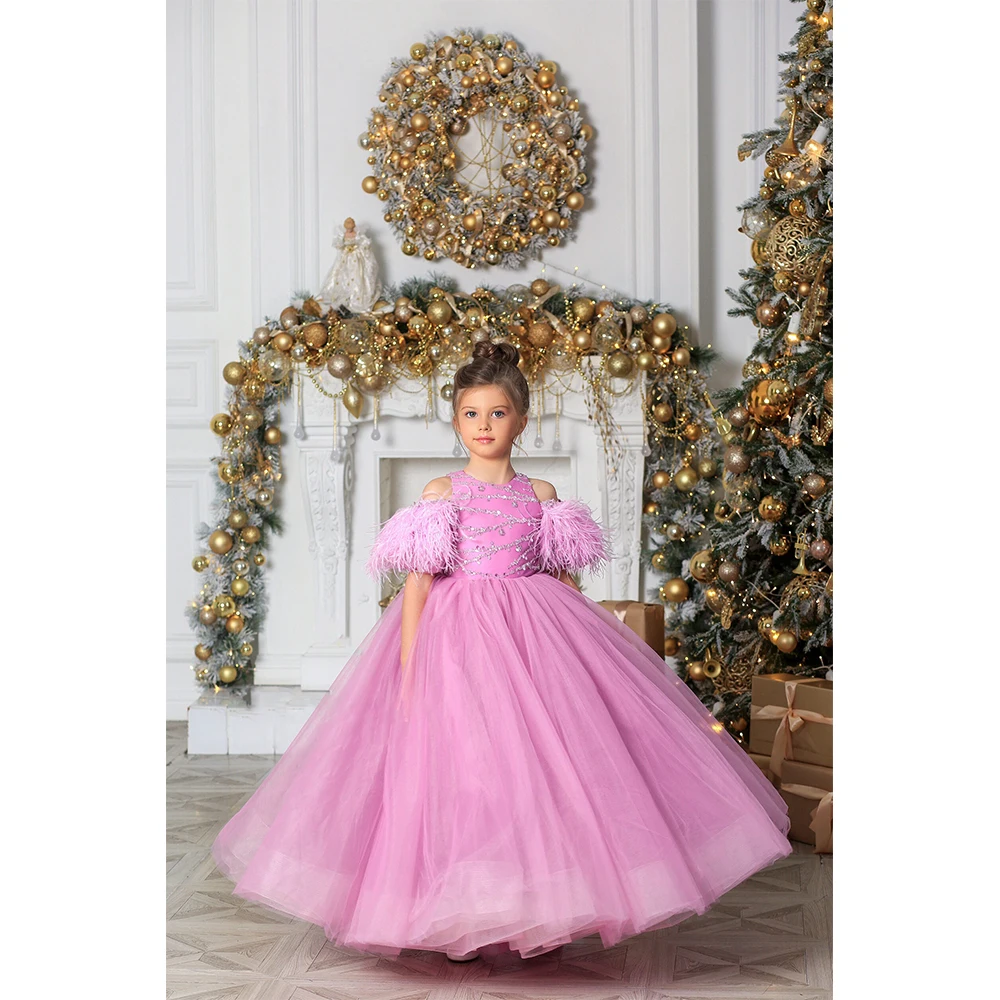 MVOZEIN Pink Tulle Flower Girl Dress Feather Sleeve Rhinestone Kid Dress Princess Dress for Wedding Pageant Birthday Party