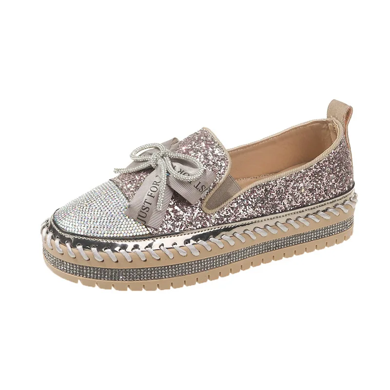 New Women Rhinestone Loafers Bow Knot Shining Shoes for Women Fashion Versatile Casual Women Shoes Outdoor Social Crystal Shoes