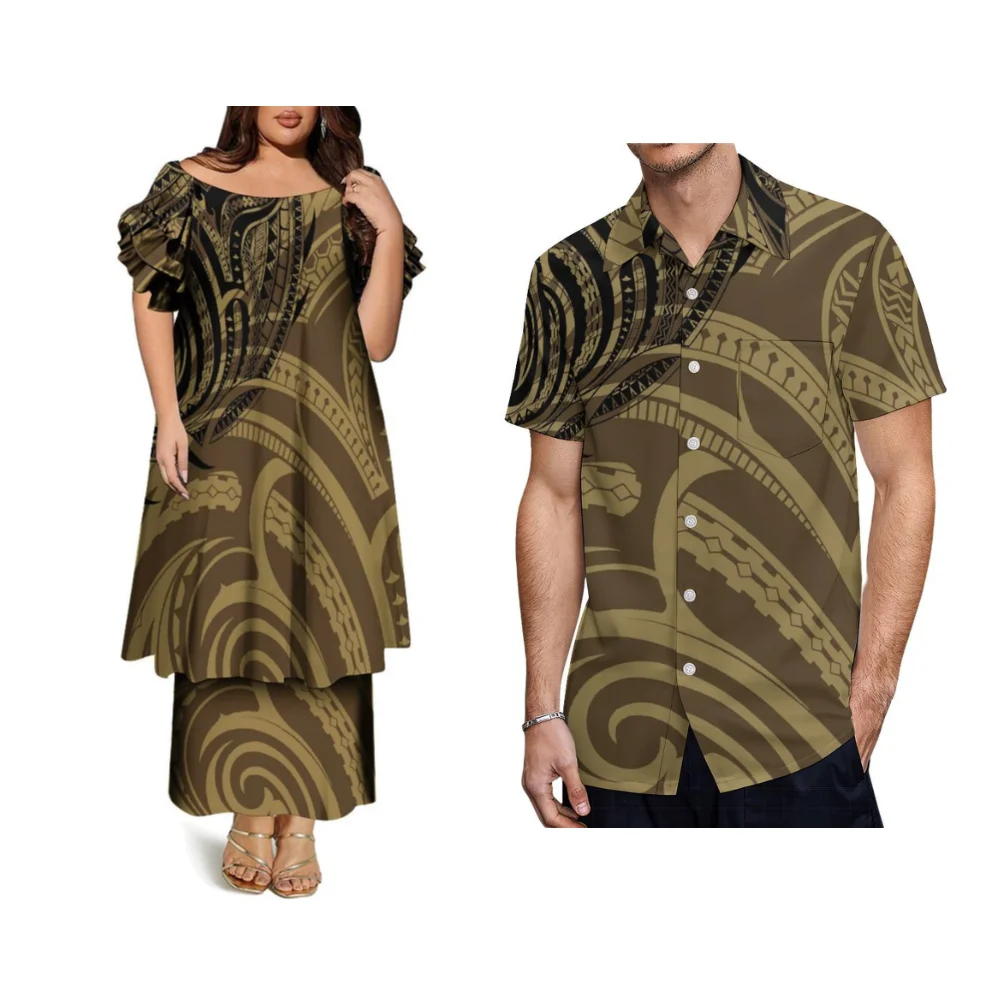 Letnie zestawy Puletasi dla par, polinezyjskie koszule codzienne, damskie koszulki z okrągłym dekoltem, spódnice dwuwarstwowe z rękawami motylkowymi.