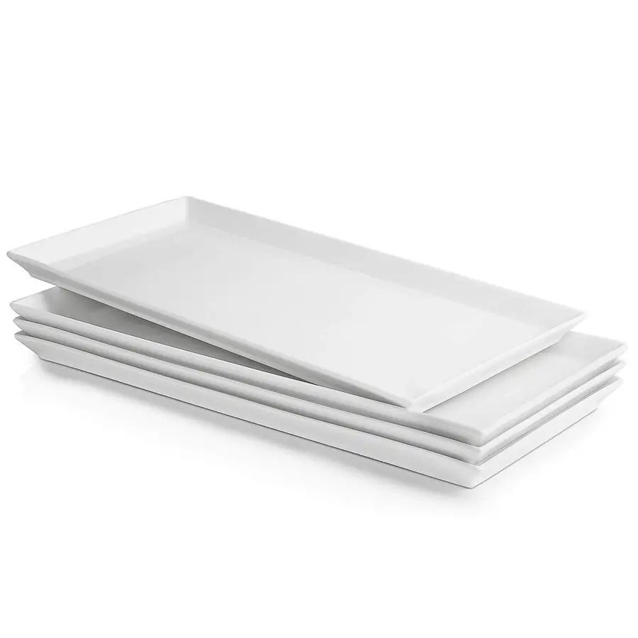 

White Serving Platters, Porcelain Serving Trays for Parties, Large Rectangular Plates 15.5 Inch, Set of 4