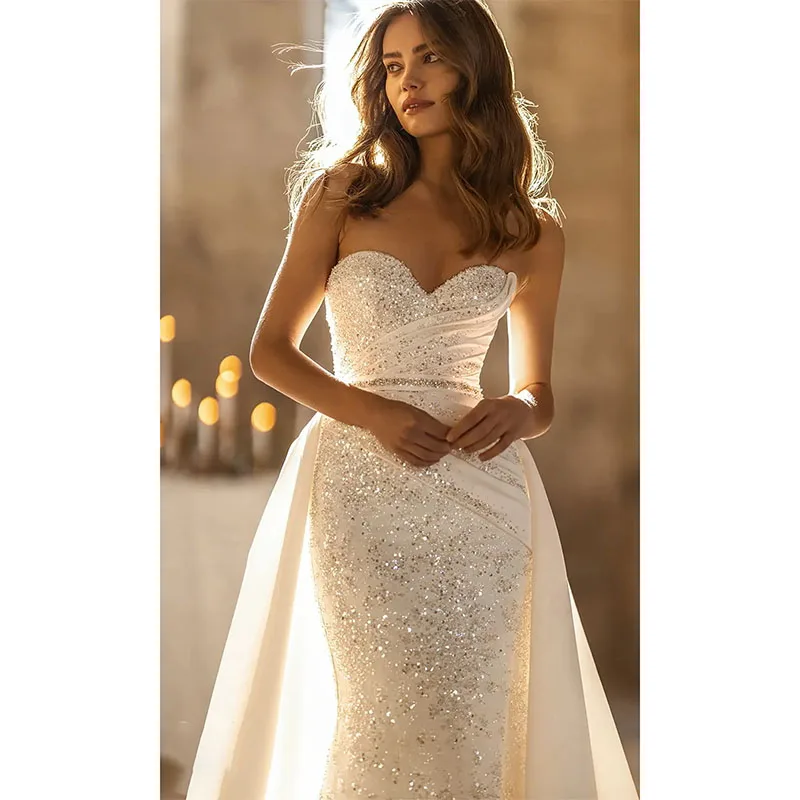 

Exquisite Mermaid Wedding Dresses Strapless Sweetheart Bridal Gowns Detachable Train Sequins Satin Bride Dresses Custom Made