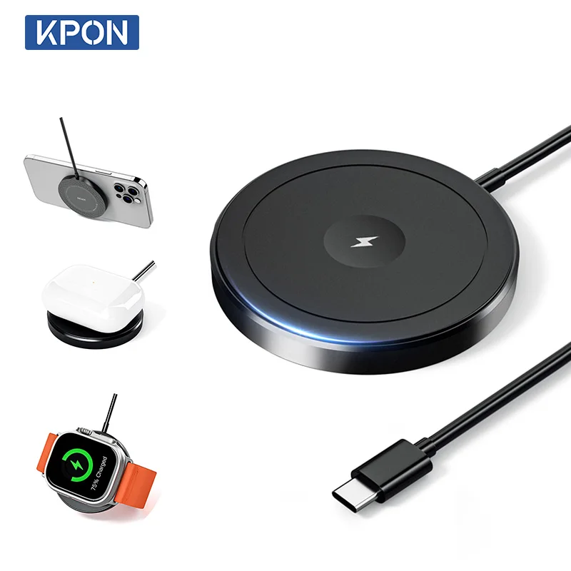 KPON 3 in 1 Magnetic Wireless Charger For Apple Watch Series 9/8/7/6 Fast Charging Pad  For iPhone 15/14/13 Pro/Magsafe charger