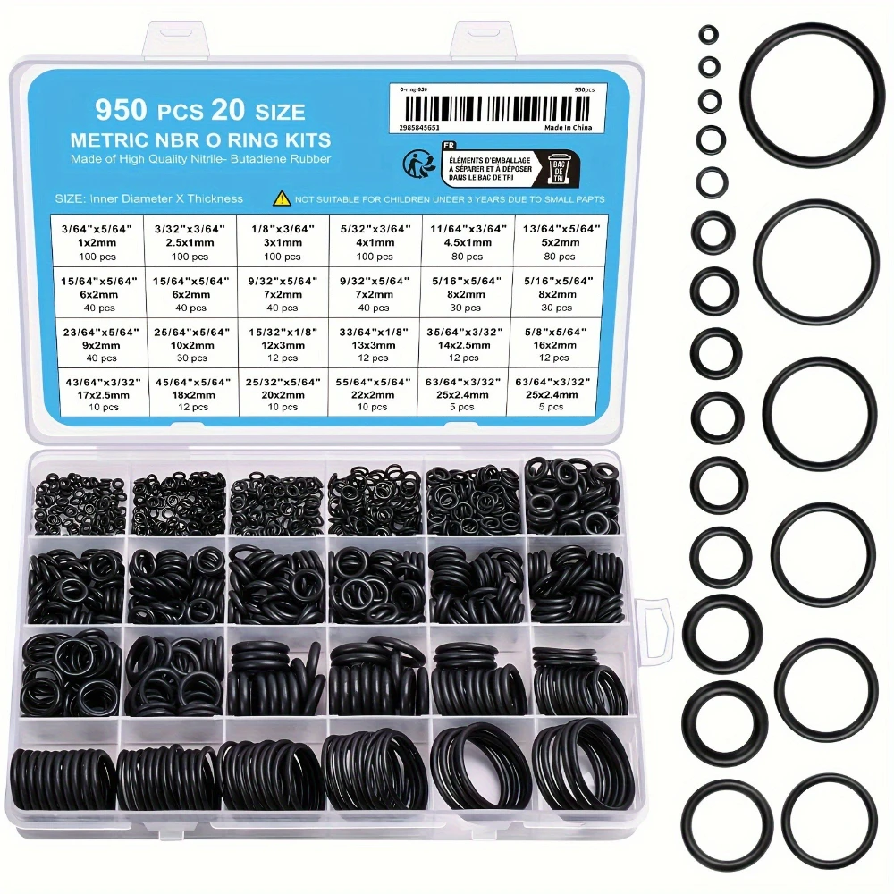 

950 Pieces Nitrile Rubber (NBR) O-rings 20 Sizes Ring Gasket for Cleaning Machines Pipes Air or Gas Connections 5/6/7/8/9/10x2mm