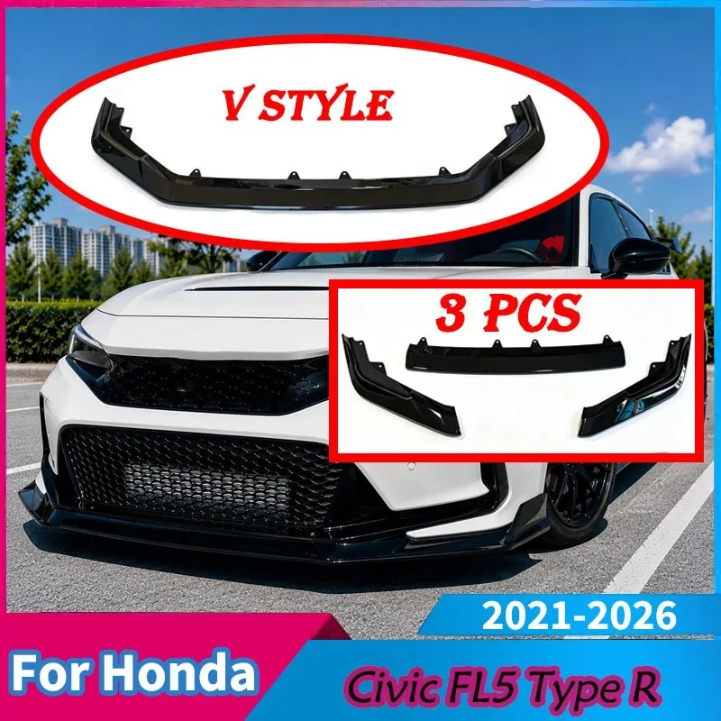 3 PCS For Honda Civic FL5 Type R 2021-2026 V Style Car Front Bumper Front Lip Spoiler Diffuser Body Kits Tuning Auto Accessories