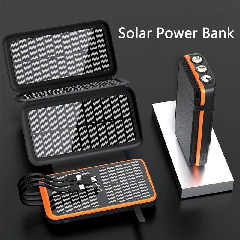 

Solar Power Bank 43800mAh Qi Wireless Charger PoverBank for iPhone14 Huawei Xiaomi PD 20W Fast Charging PowerBank Built in Cable