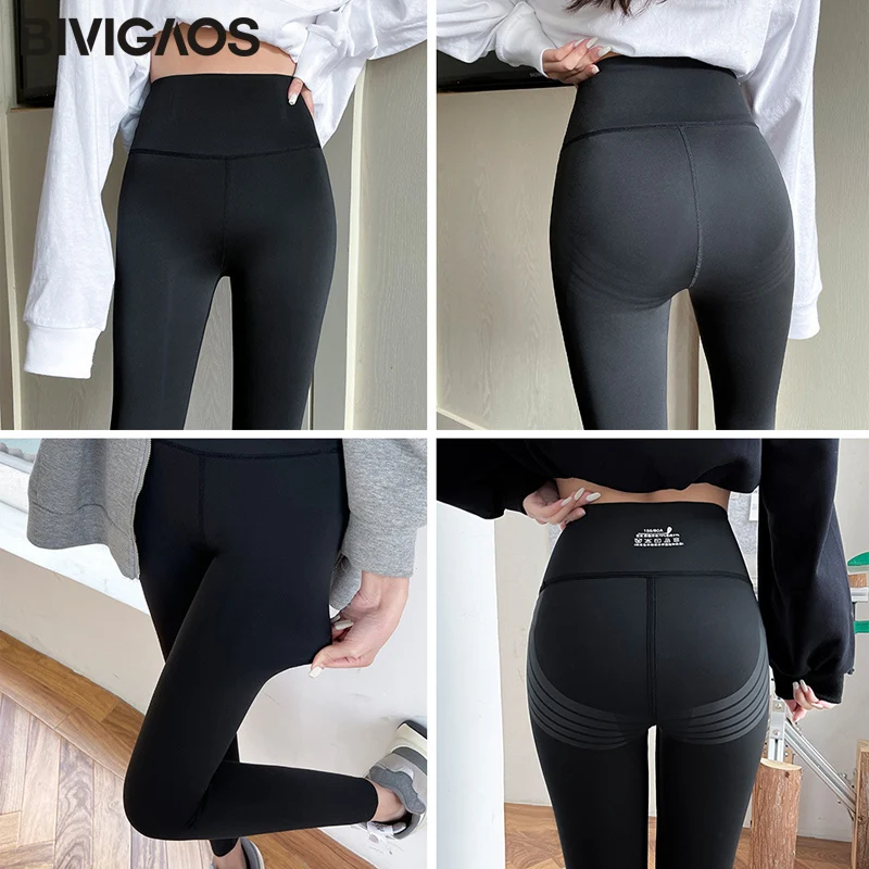 BIVIGAOS-mallas deportivas de piel de tiburón líquida para mujer, Leggings de cintura alta con realce de glúteos, informales y ajustados, color negro