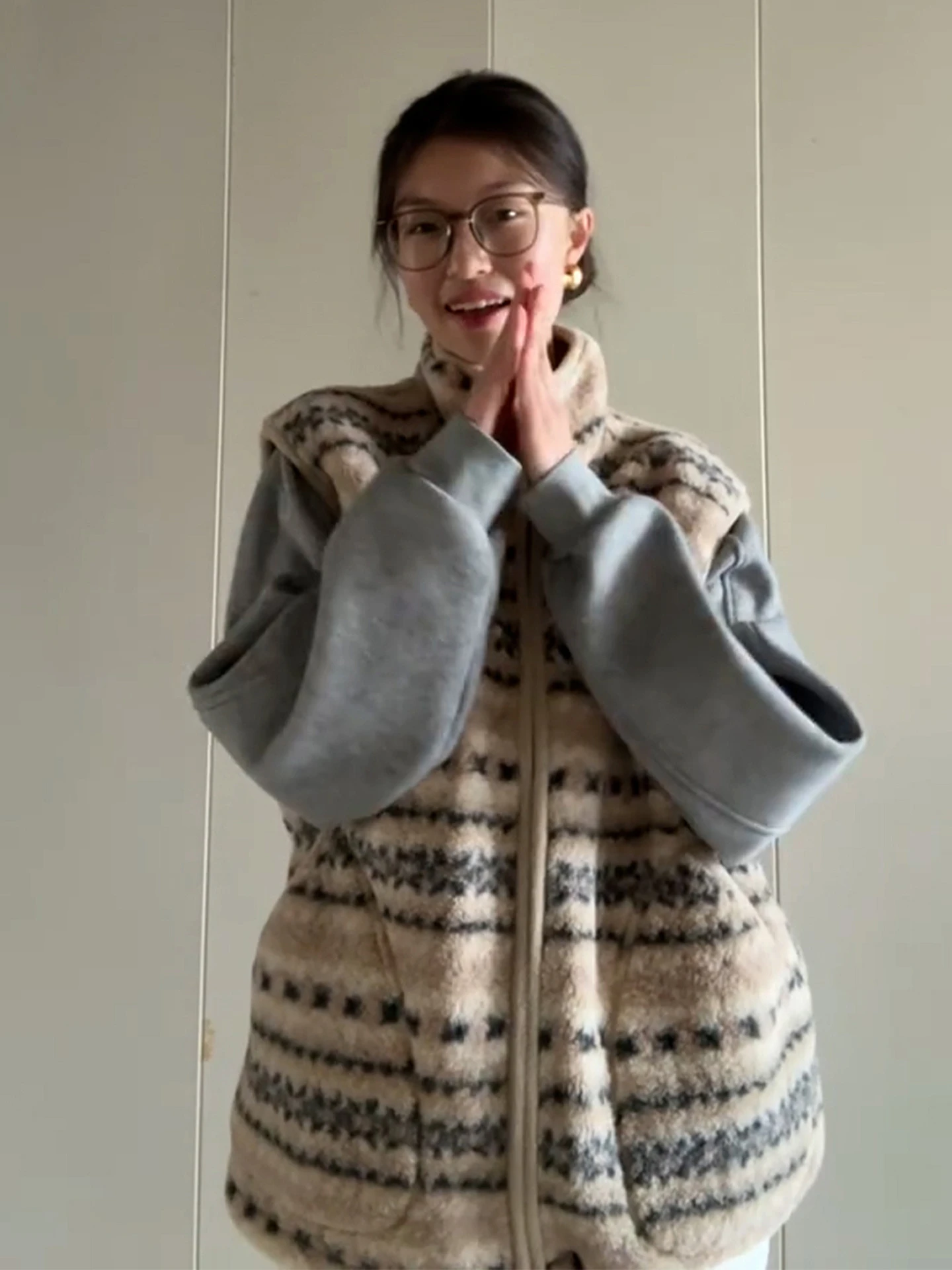 Retro Fair Isle Lamb Fur Vest Women's Autumn Winter New Sle High-End Feelings Layering Svel Top Coat