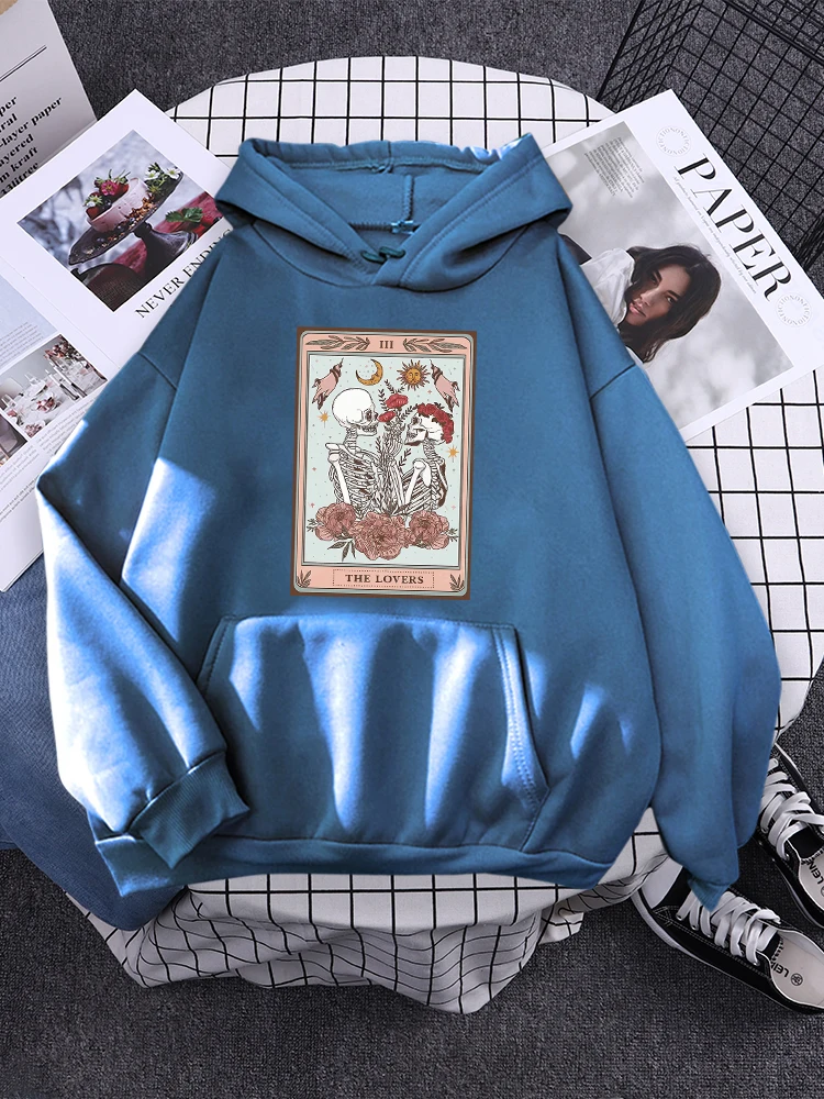 Skeleton Tarot Card The Lovers Vertical Poster Print Perfect Ideas Female Hoody Oversize Clothes Loose Hooded Autumn Tracksuit