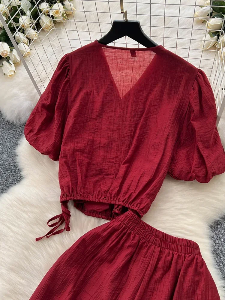 Internet Famous Chic Summer New Two-piece Set for Women with Waistband Bubble Sleeves Versatile Casual Pants Set A60