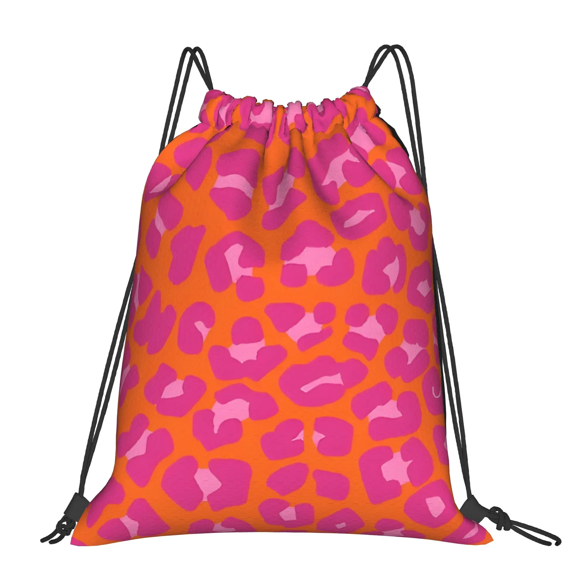 Bolsas con cordón con estampado de leopardo naranja y rosa, bolsas con cordón con estampado de leopardo, bolsas con cordón para gimnasio, unisex, para almacenamiento, organización, bolsa con cordón