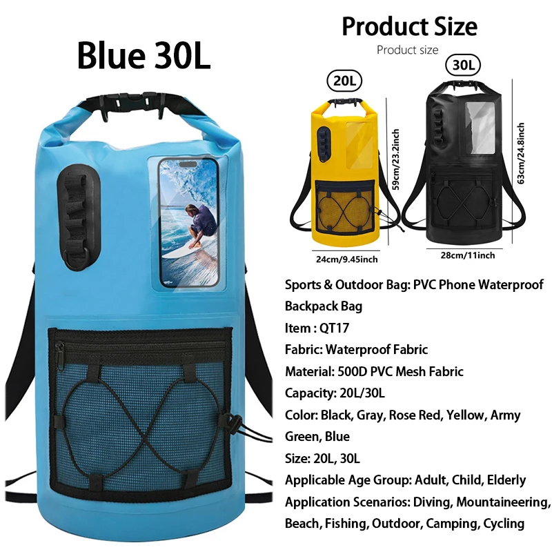 

2-in-1 PVC Waterproof Backpack with Phone Pouch, Multi-functional Outdoor Sports Dry Bag for Beach Rafting Camping Diving Hiking