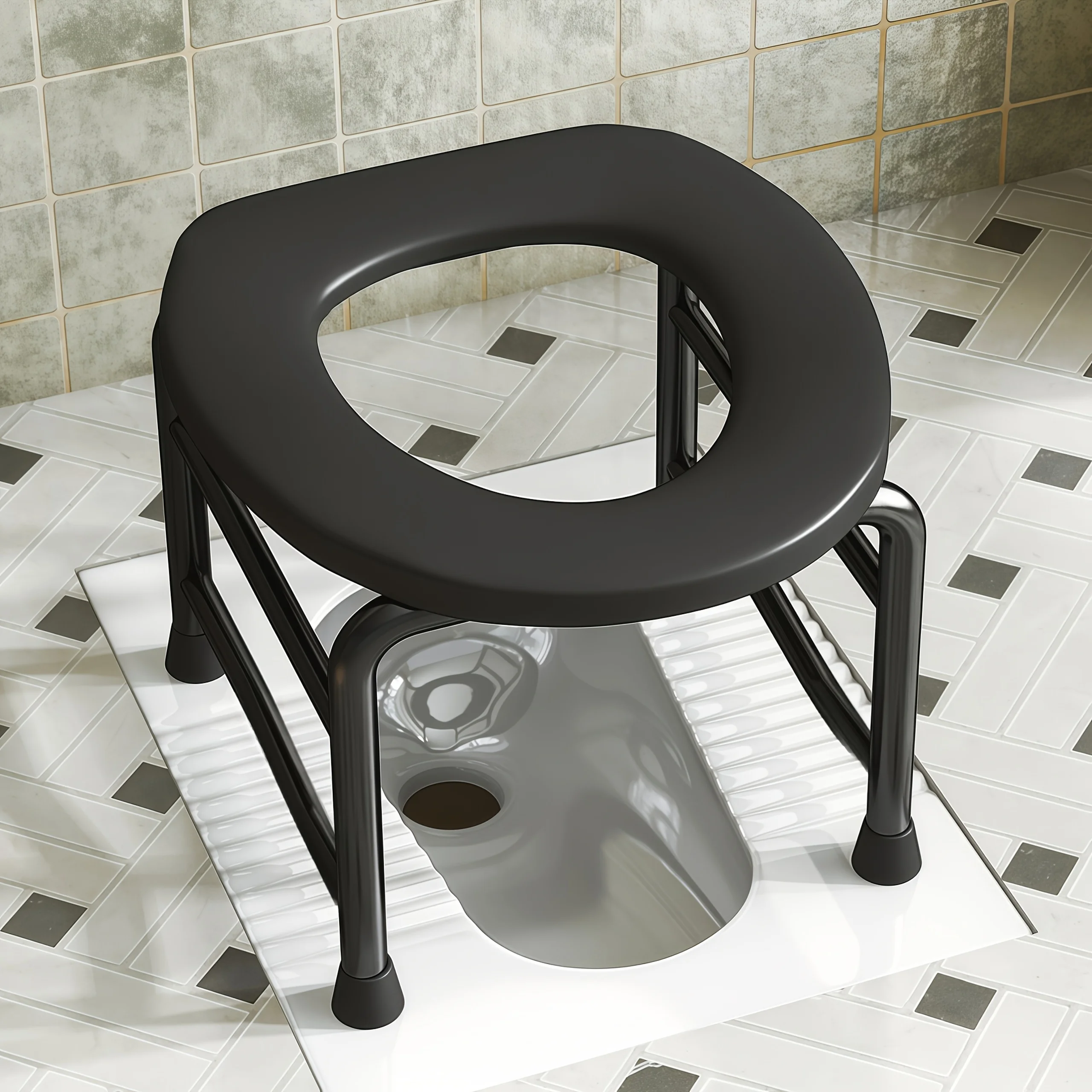Conjunto Gratuito de Três Peças (Prancha de Banho, Almofada de Assento, Cadeira de Comodo) Cadeira Sanitária Fixa em Aço Carbono, À Prova de Ferrugem e Fácil de Limpar, Adequada para Uso Temporário em Banheiros e Exteriores