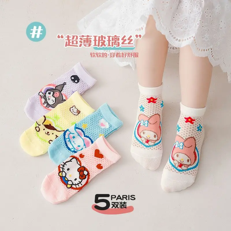 Hello Kitty Cinnamoroll Anime Kawaii Sanrio Calzini casual per bambini Estate Carino Kuromi Calza in rete di seta ghiacciata Regali per bambini