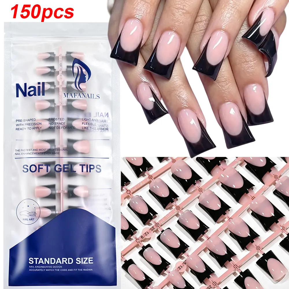 120pcs Glossy Black French Duck False Nails, Medium Tips