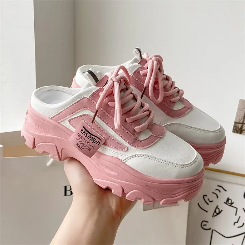 Women\'s Half Slippers PU Leather Womens Sneakers Breathable Platform Loafers Lace-up Shoes Outdoor Casual Shoes