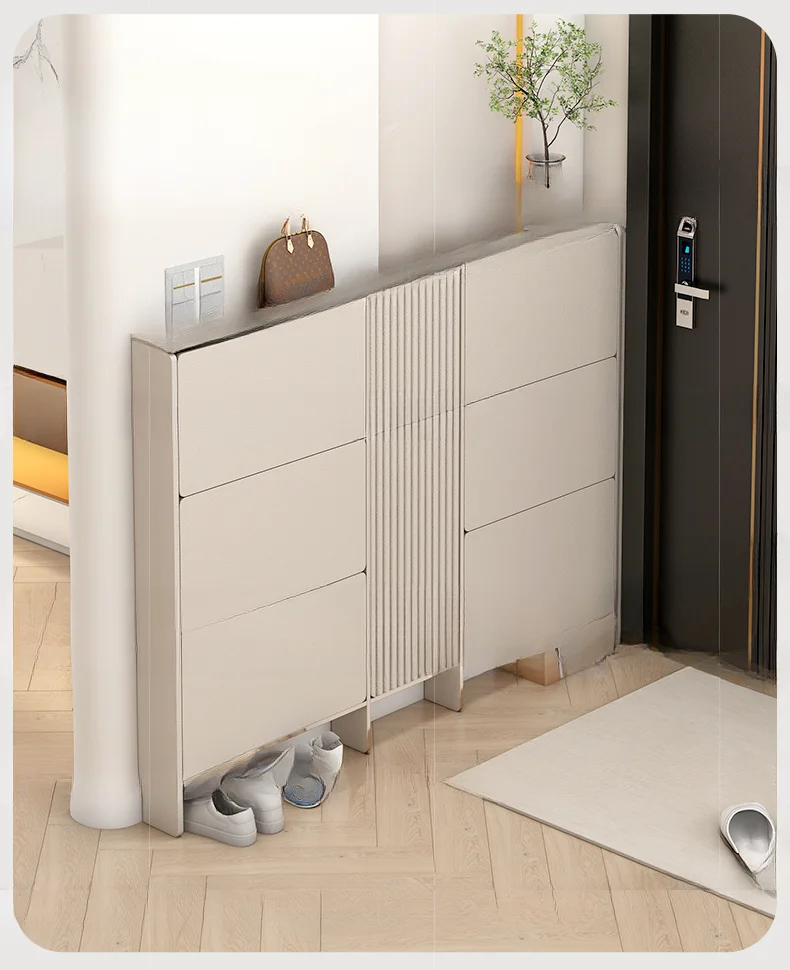 

Ultra thin shoe cabinet 12cm 13 for household use, grey extremely narrow style, integrated against the wall, French cream style