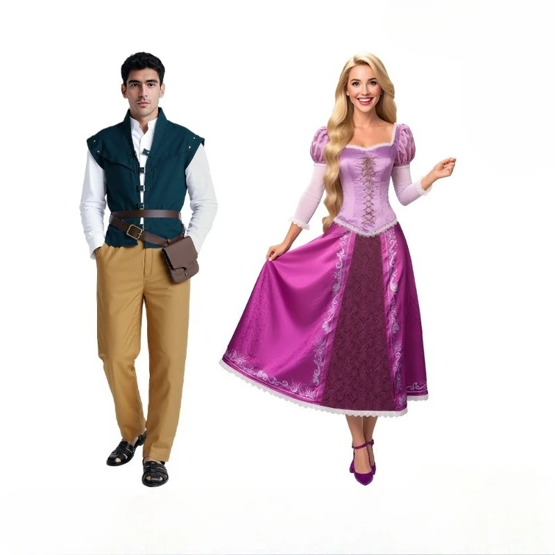 

Tangled Rapunzel Cosplay Costume Adult Prince Women Princess Purple Dress Outfit Halloween Carnival Party Clothes Wig for Adult