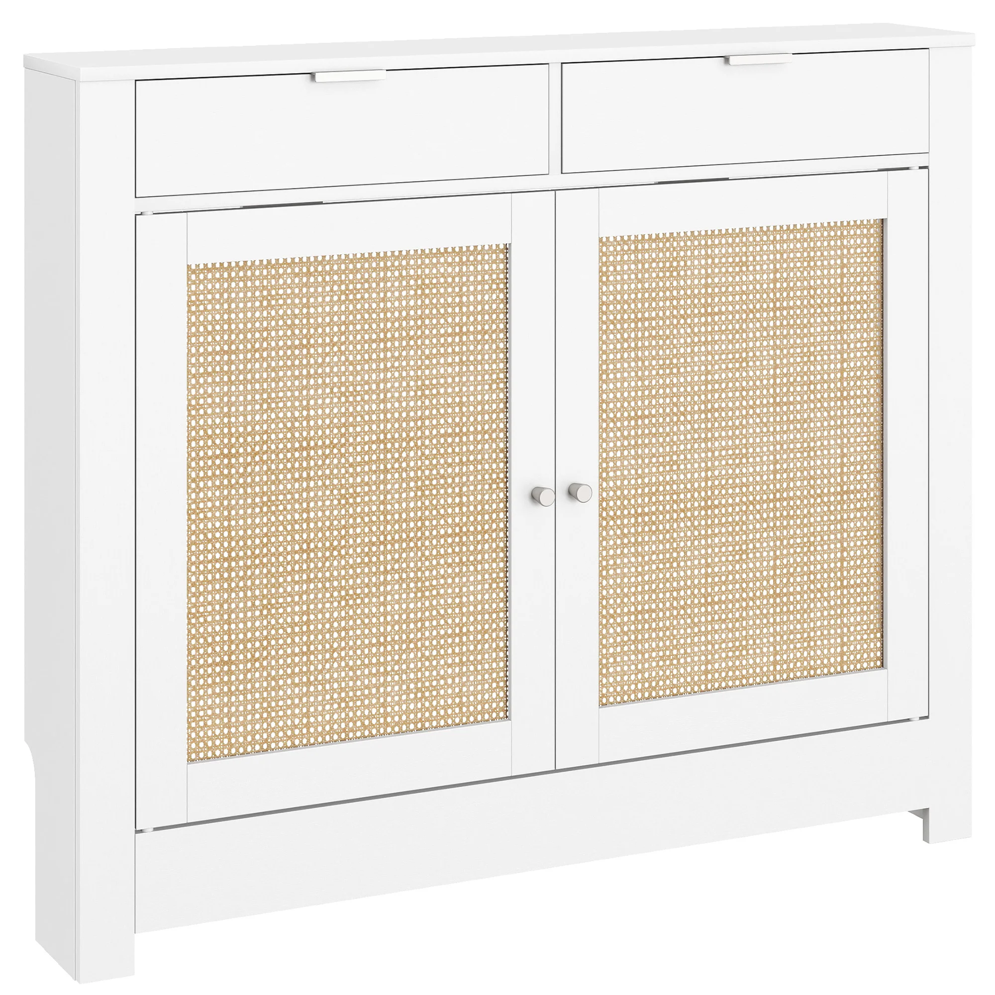 HOMCOM Cubre Radiadores con Puerta Abatible y Ratán Compartimento Diseño Bohemio para Salón Dormitorio Blanco