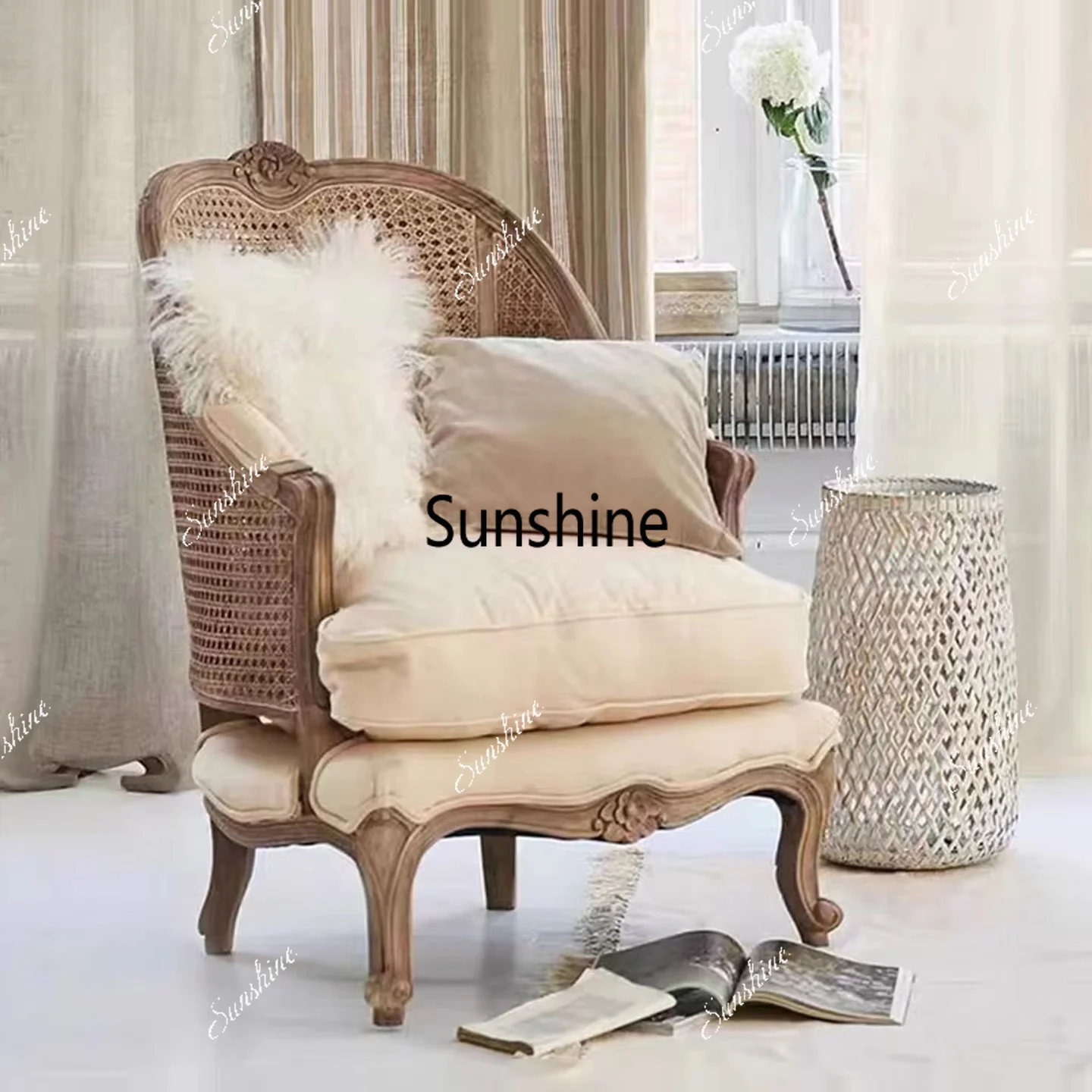 solid wood braided rattan sofa chair retro old living room balcony single studio design sofa