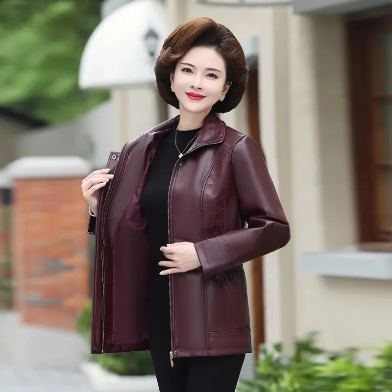 Mom PU Leather Coats New Fashion Ladies Middle-Aged Old-Aged Jacket Autumn Winter Outwear Add Velvet Padded Short Overcoat Women