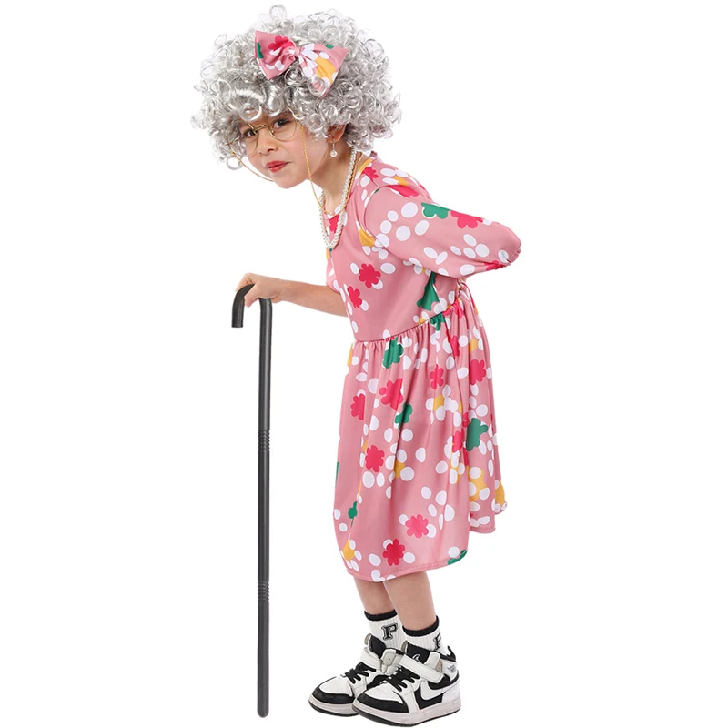 Kids Children Grandma Cosplay Costume Old Lady Fantasy Dress Wig Cane Outfits Halloween Carnival Party Stage Performance Suits