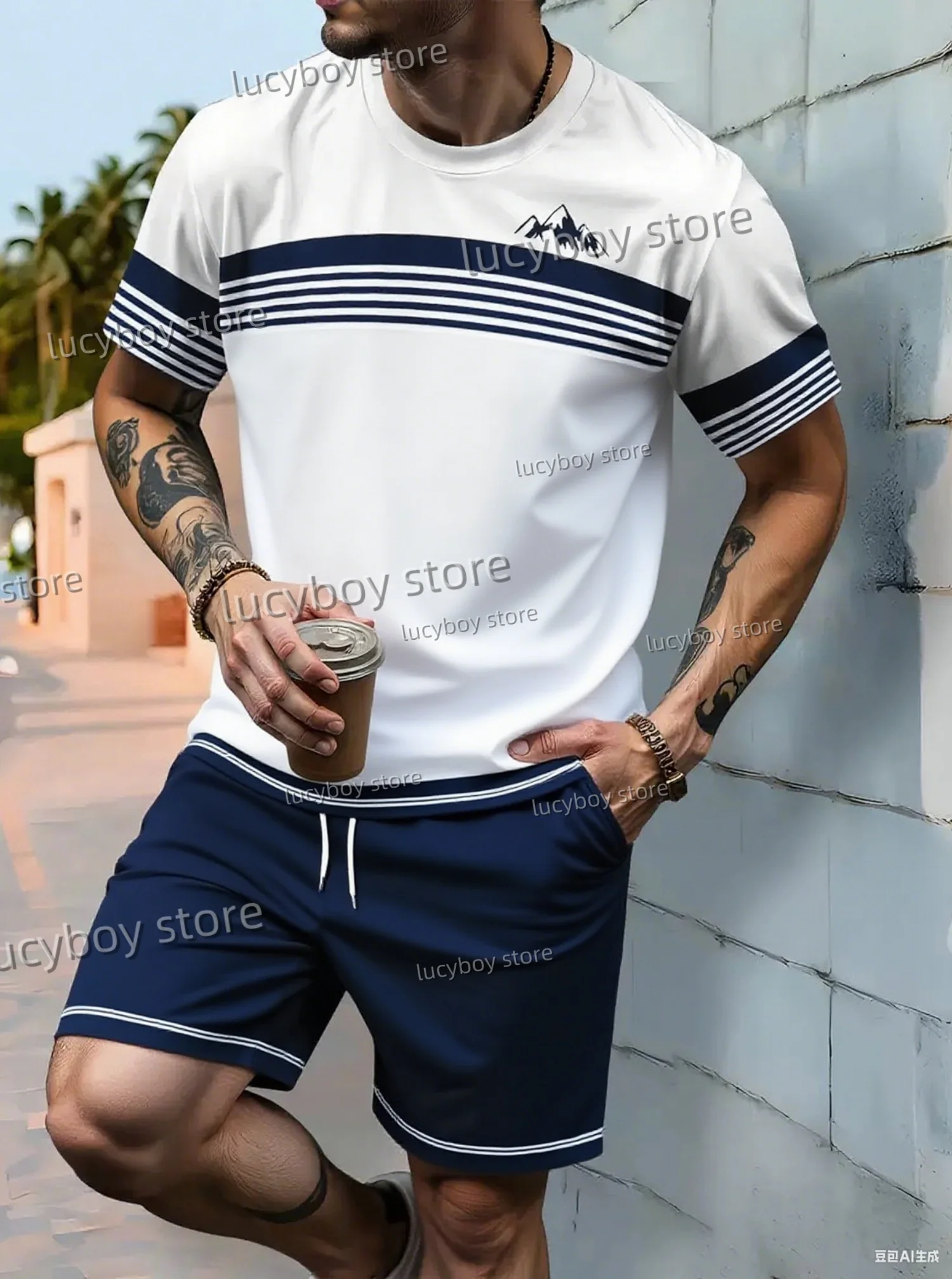 Summer Men Striped mountain peak  Print Set Short Sleeve T-Shirt Shorts Set Adult Sport Jogging Plus Size Tracksuit 2 Piece Set