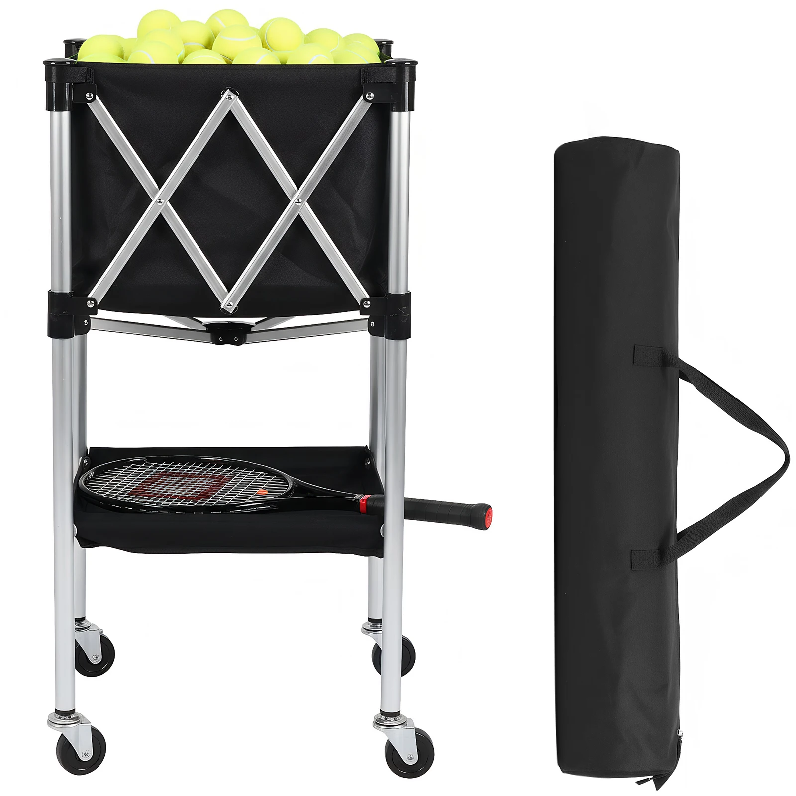 

Tennis Ball Basket Foldable Sports Teaching Cart with Wheels with Storage Bag for Training/Teaching