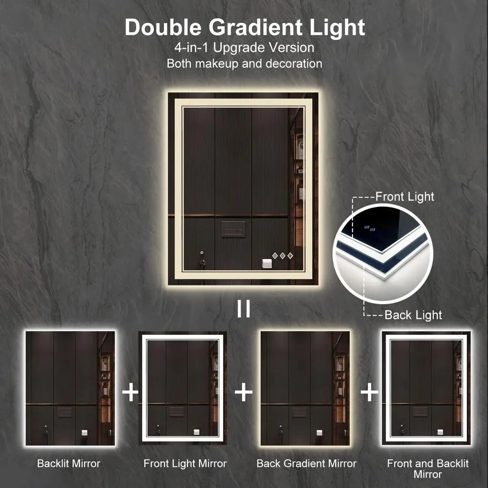 مرآة مضاءة LED 36 × 28 مع إضاءة متدرجة، 3 ألوان قابلة للتعتيم، عالية CRI، مضادة للضباب، مثبتة على الحائط أو مرآة حمام معلقة #4